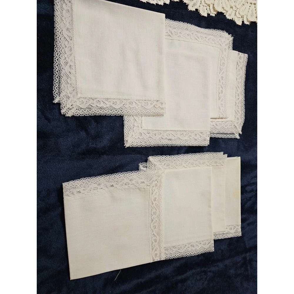 Vintage Off White Linen Napkins Set of10 Bobbin Lace Trim Square 16x16 Tableware